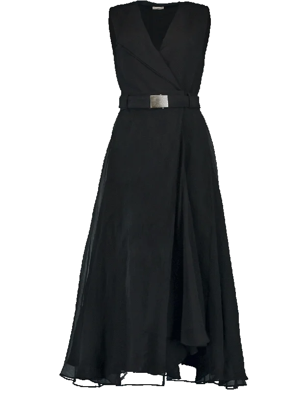 Lapel Organza Belted Dress Tunics Yoga stretchy