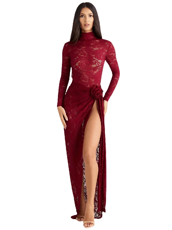 Sexy 2Pcs Lace Skirt Sets Women's Long Sleeve Turtleneck And Floral Maxi Skirt Matching Sets Club Party Split Sets denim skirt classic