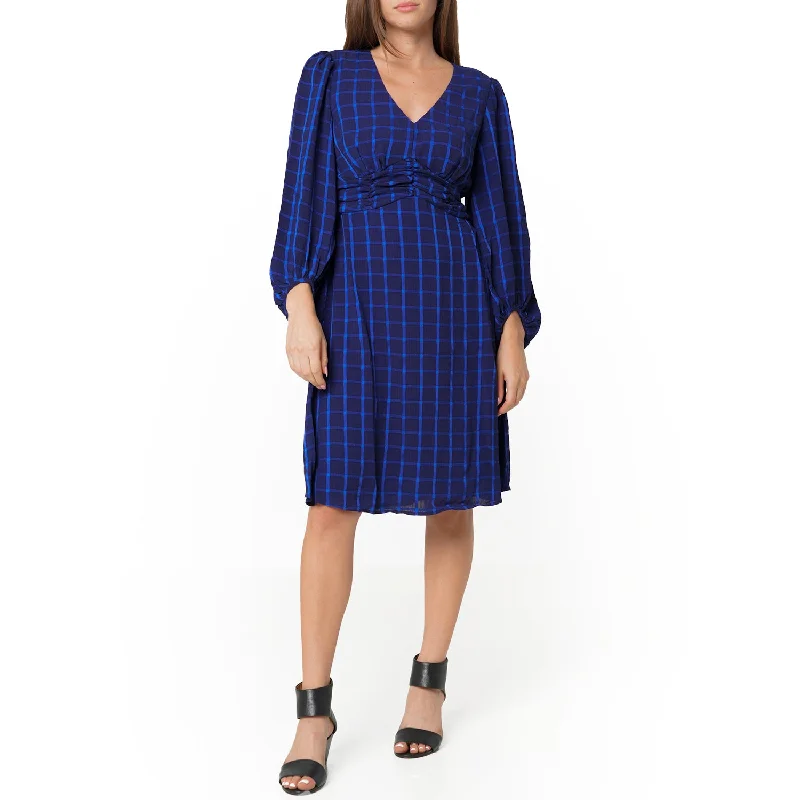 V-neck Checkered Dress in Night Plaid Tunics Long Elegant