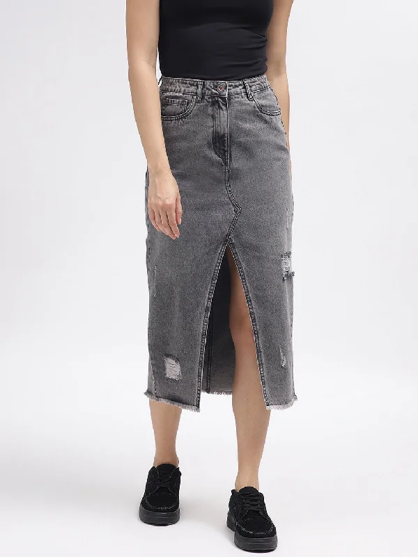 Iconic Women Grey Solid Regular Fit Skirt pencil skirt chic