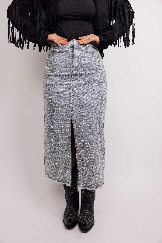 Mid Rise All Over Sparkle Slit Maxi Skirt ribbed skirt waist