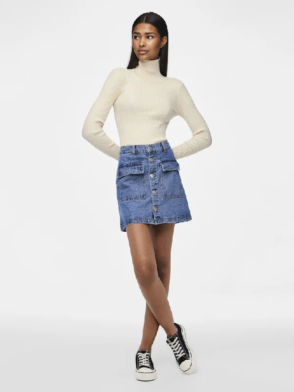 Chrissy Midi Waist Short Skirt Medium Blue Denim silk skirt luxurious