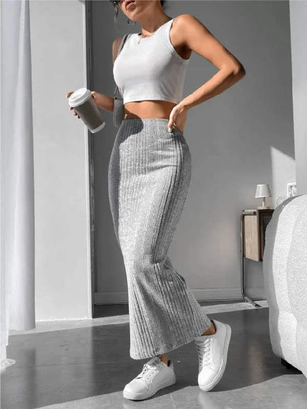 Solid Color Stripe Fabric Long Skirt G3001 spandex blend skirt