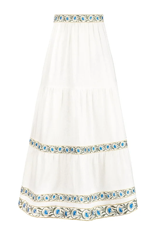 OTM Exclusive: Carnation Ruffle Skirt in Off-White & Blue silk skirt lustrous