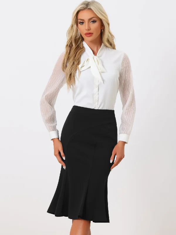 High Waist Flare Hem Elegant Work Midi Fishtail Skirt belted skirt waist