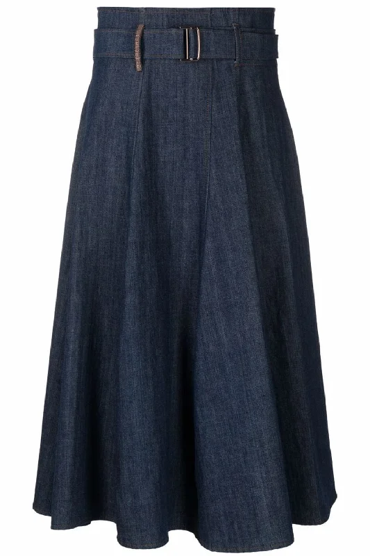 Dark Wash Belted Denim Skirt flowy skirt hem
