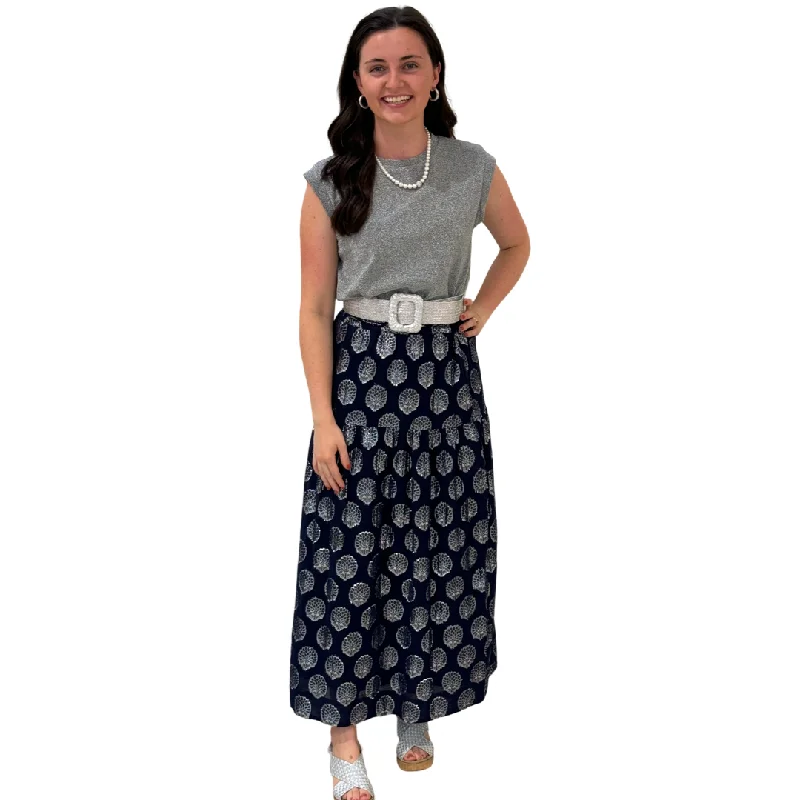 The Lila Elastic Waist Skirt in Navy and Silver chiffon skirt airy