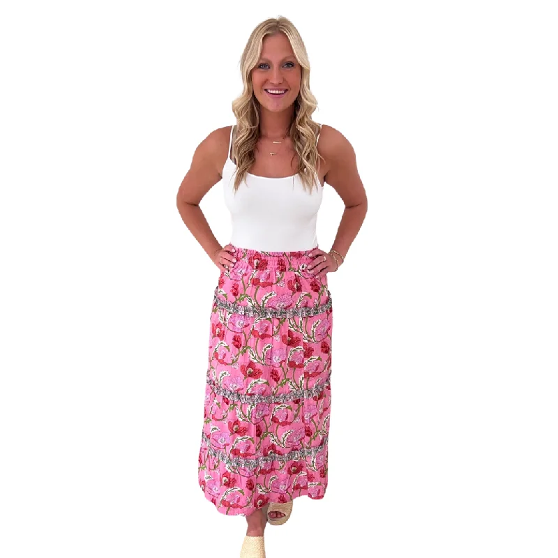 The Kara Block Print Long Length Skirt in Pink Floral denim skirt classic
