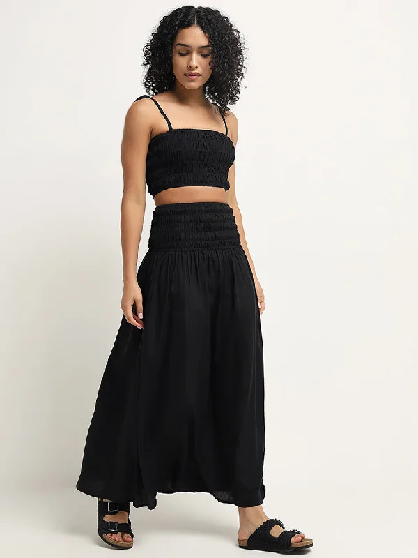 Wunderlove Black Smocked High-Rise Maxi Cotton Skirt asymmetrical skirt cut