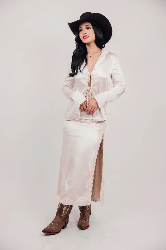 Satin Lace Slit Maxi Skirt high waist skirt