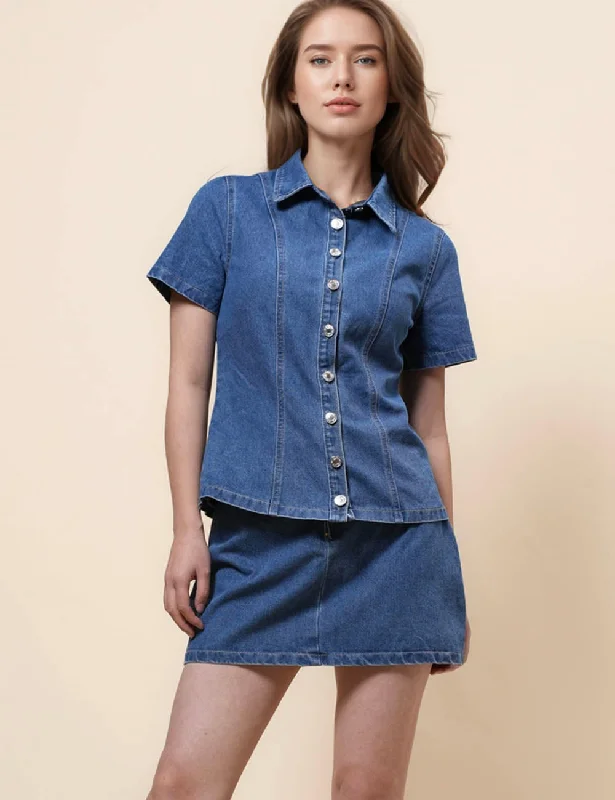 Ladies Lapel Top & Skirts 2PCS Denim Set SKST41042 silk skirt elegant