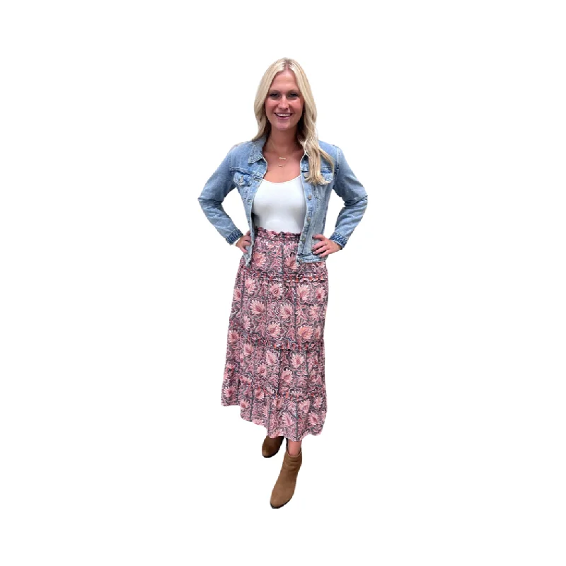 The Kara Skirt in Hand Blocked Cotton Orange and Green Print cotton skirt soft