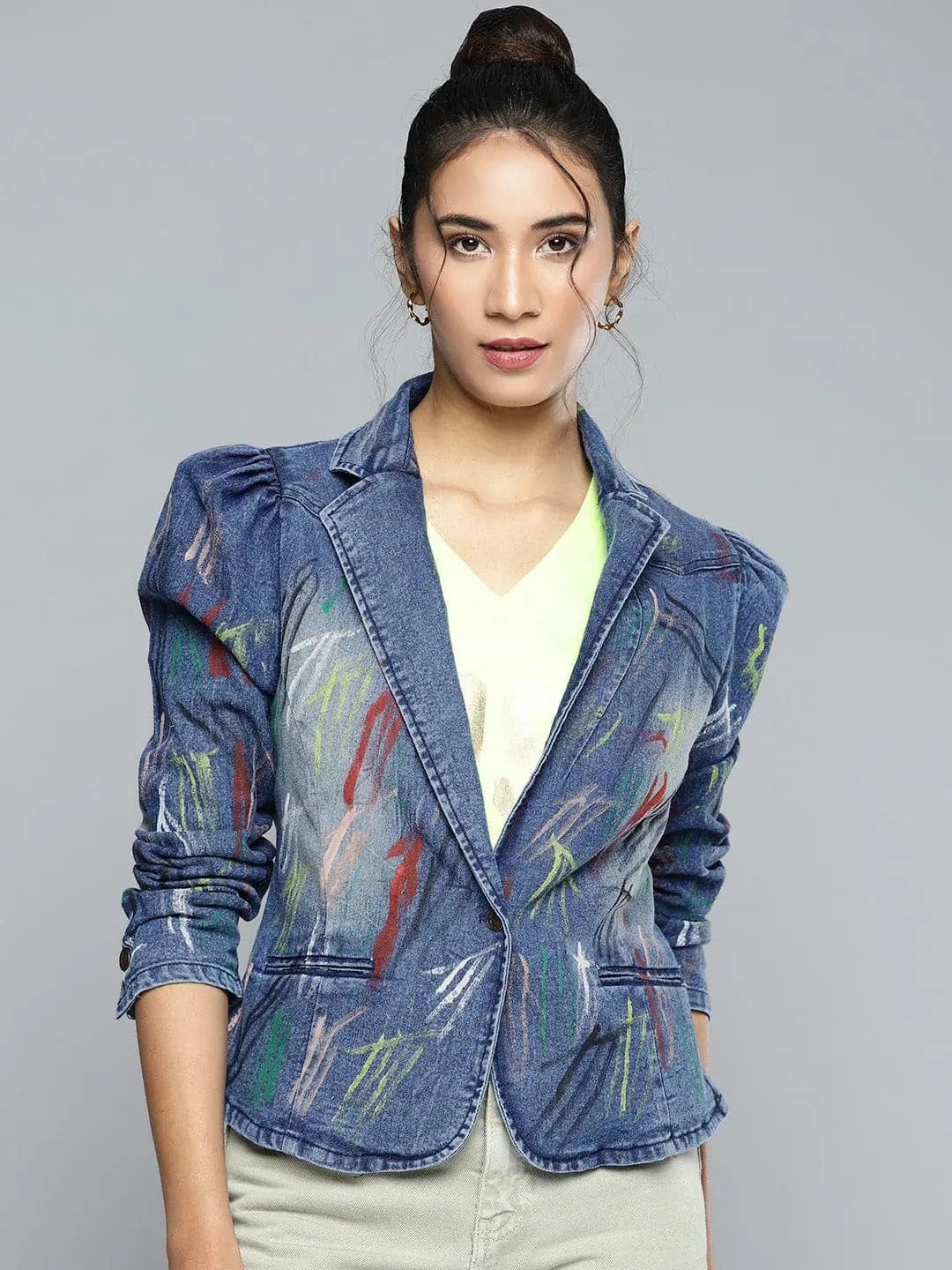 Women Solid Blue Full Sleeve Jacket Wool Fabric Cashmere Fabric Tweed Fabric