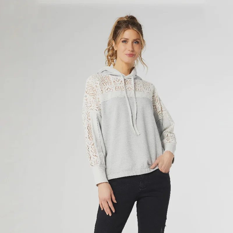 Wynter Hooded Sweatshirt with Lace Panels | Heather Grey/Ivory Hoodie with Tied Waist Feminine Flattering Wynter Hooded Sweatshirt with Lace Panels | Heather Grey/Ivory Hoodie with Tied Waist Feminine Flattering