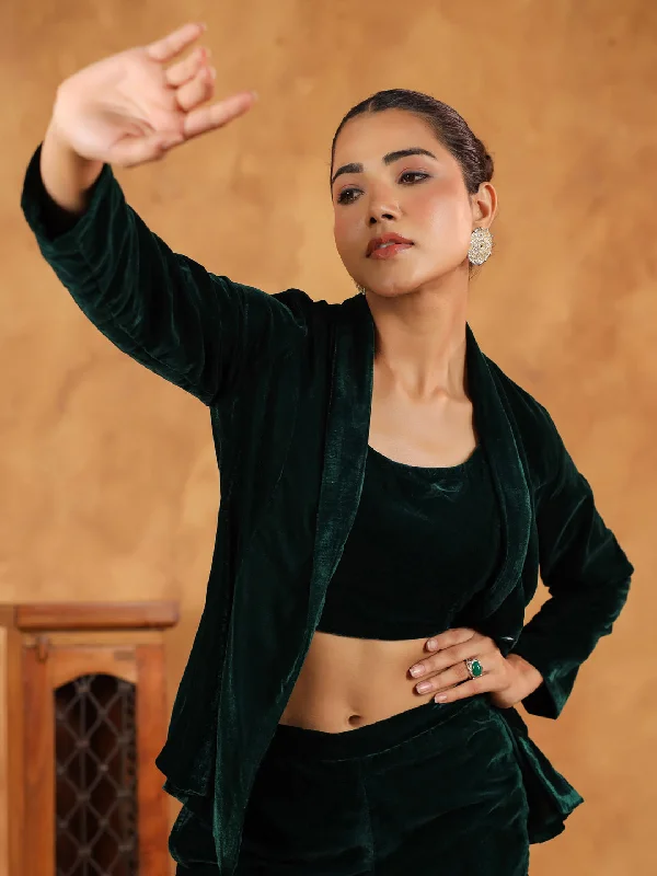 Janasya Green Velvet Solid Top,Bottom & Jacket One-Shoulder Jacket Off-the-Shoulder Jacket Asymmetrical Jacket Janasya Green Velvet Solid Top,Bottom & Jacket One-Shoulder Jacket Off-the-Shoulder Jacket Asymmetrical Jacket