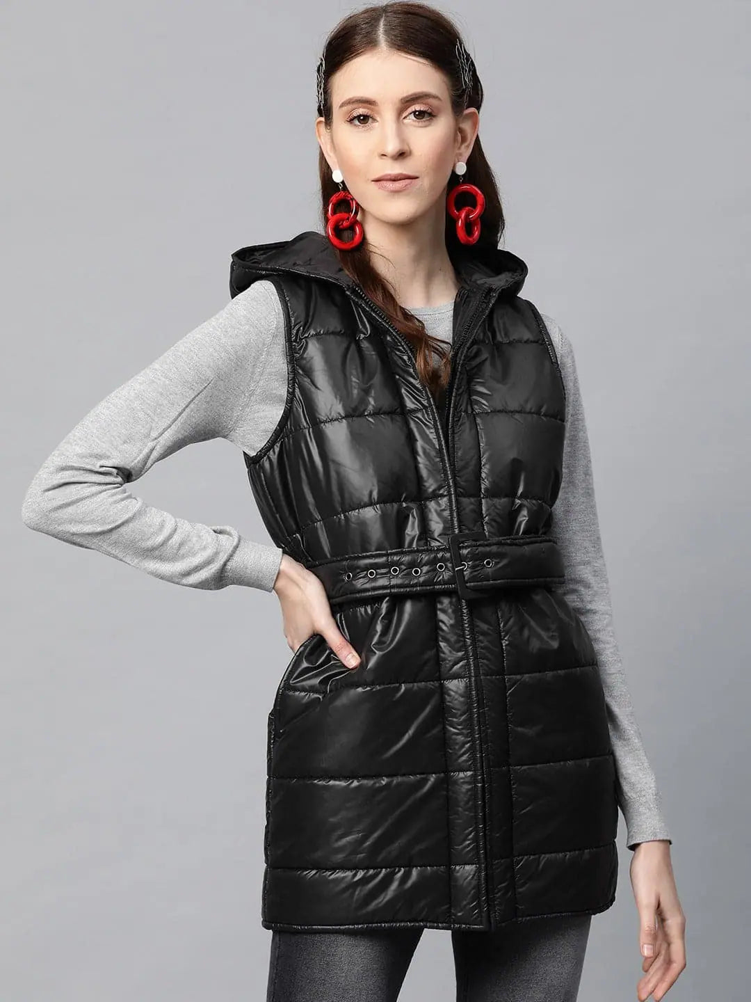 Women Solid Black Sleeveless Jacket Zippered Jacket Buttoned Jacket Snapped Jacket