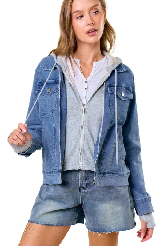SWEATSHIRT HOODED DENIM JACKET Hoodie with Raglan Sleeves Sporty Comfortable