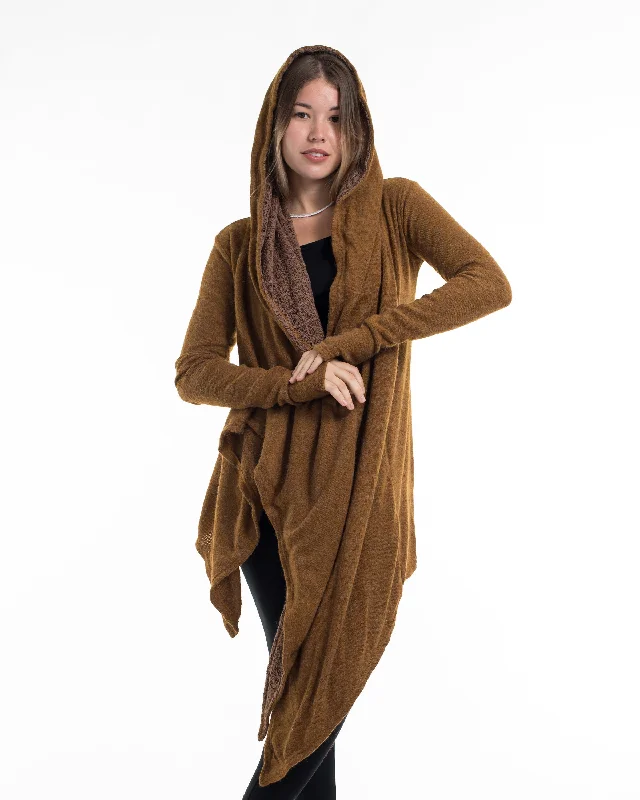 Hoodie Shawl Cardigan in Mustard Brown Hooded Caped Shawl Collar