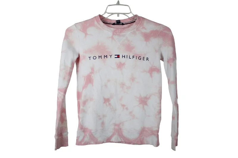 Tommy Hilfiger Pink Tie Dye Sweatshirt | XXS Hoodie with Applique Textured Unique