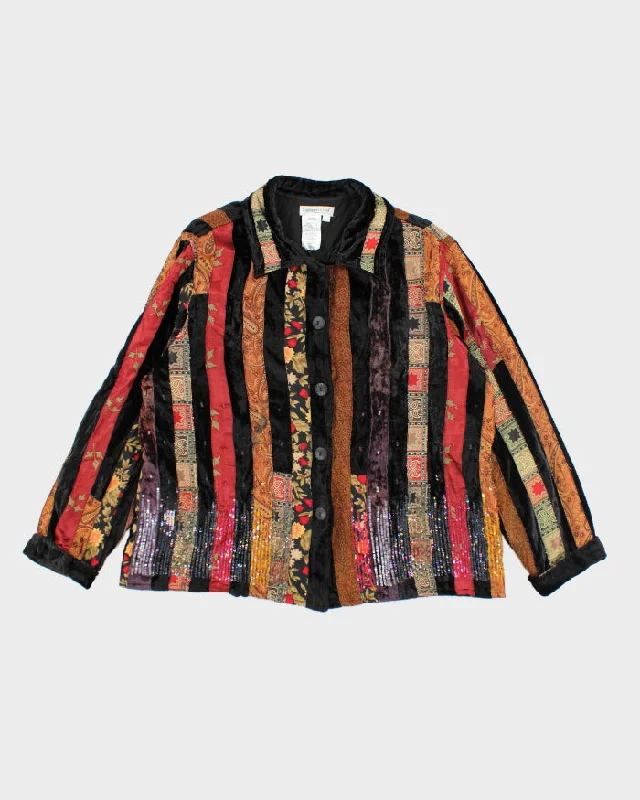 Vintage Coldwater Creek Patchwork Sequin Velvet Jacket - XL Zippered Front Buttoned Front Snap Front