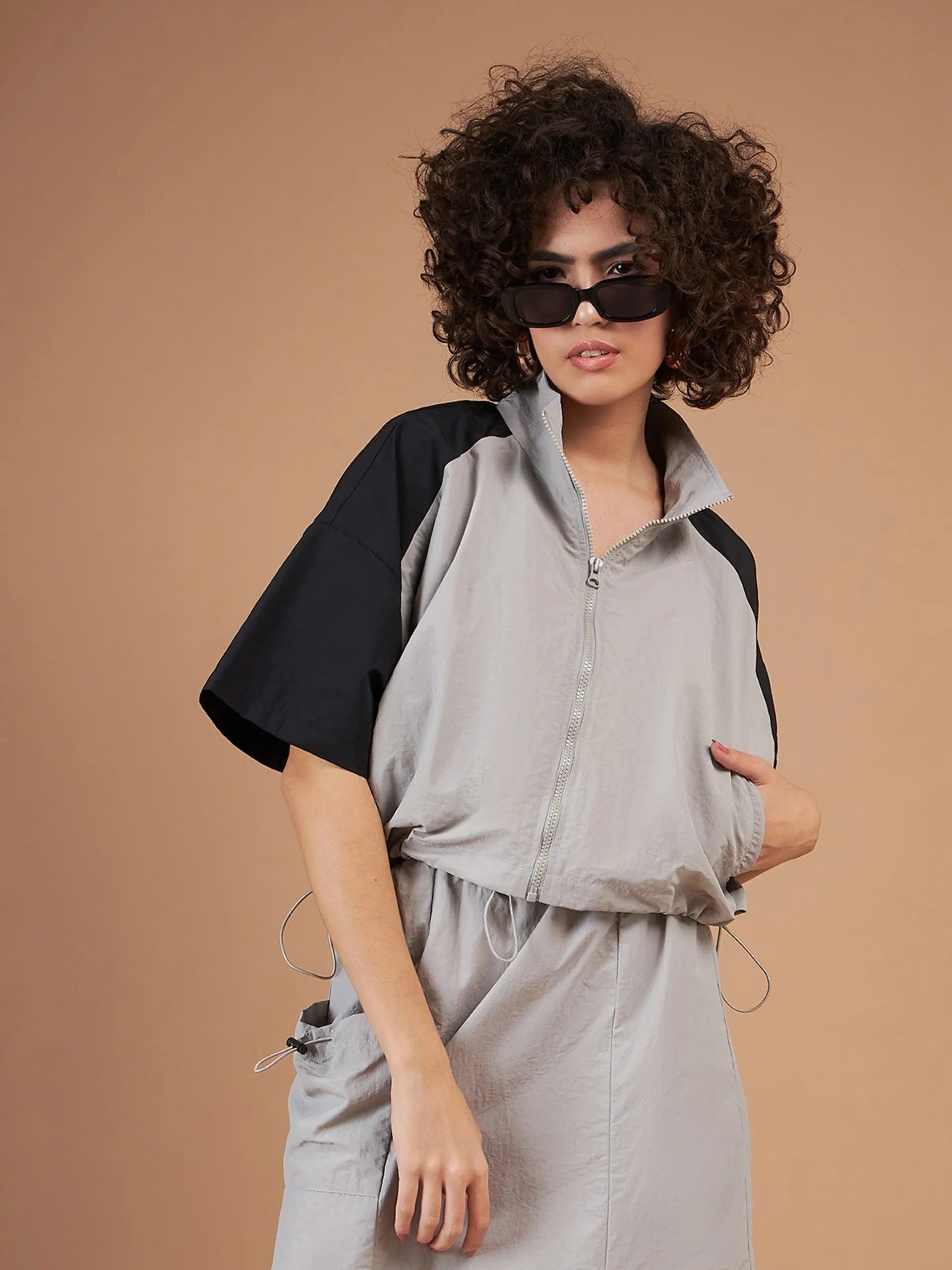 Women Color Blocked Standard Grey Full Sleeve Jacket Notch Collar Peter Pan Collar Cowl Neck Women Color Blocked Standard Grey Full Sleeve Jacket Notch Collar Peter Pan Collar Cowl Neck