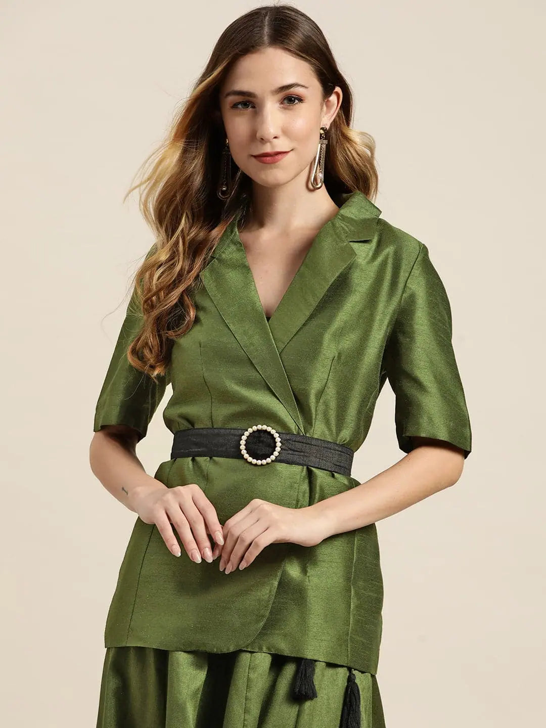 Women Solid Green Half Sleeve Jacket Snapped Jacket Toggled Jacket Drawstring Jacket Women Solid Green Half Sleeve Jacket Snapped Jacket Toggled Jacket Drawstring Jacket