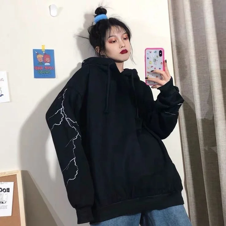 Aesthetic Y2K Thunder Lighting Print Drop shoulder Streetwear Premium Hoodie For Women Hoodie with Hood Adjustable Protection Aesthetic Y2K Thunder Lighting Print Drop shoulder Streetwear Premium Hoodie For Women Hoodie with Hood Adjustable Protection