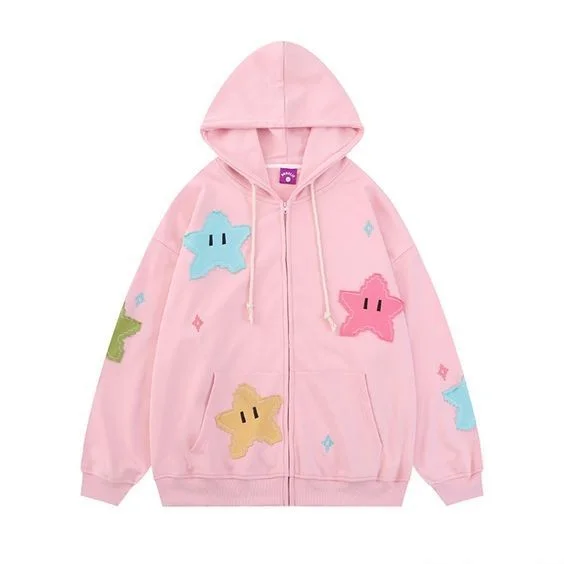 Vintage Kawaii Style Star Patch Y2K Aesthetic Cute Zip Up Sweatshirt Gothic Oversized Zipper Hooded For Women Hoodie with Ribbed Hem Stretchable Secure Vintage Kawaii Style Star Patch Y2K Aesthetic Cute Zip Up Sweatshirt Gothic Oversized Zipper Hooded For Women Hoodie with Ribbed Hem Stretchable Secure