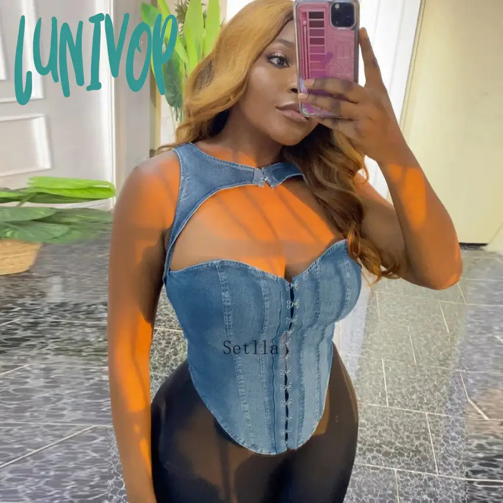 Lunivop Denim Hollow Out Sleeveless Corset Tank Top Women Autumn Sexy Cut Out Tube Top Y2K Party Club Outfits Tank Top Women glitter tank top Lunivop Denim Hollow Out Sleeveless Corset Tank Top Women Autumn Sexy Cut Out Tube Top Y2K Party Club Outfits Tank Top Women glitter tank top