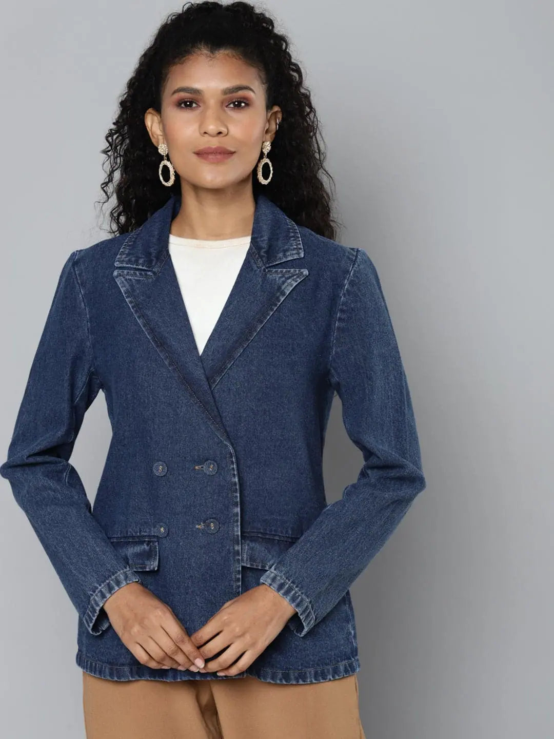 Women Solid Blue Collared Neck Full Sleeve Jacket Ribbed Jacket Pleated Jacket Ruffled Jacket Women Solid Blue Collared Neck Full Sleeve Jacket Ribbed Jacket Pleated Jacket Ruffled Jacket