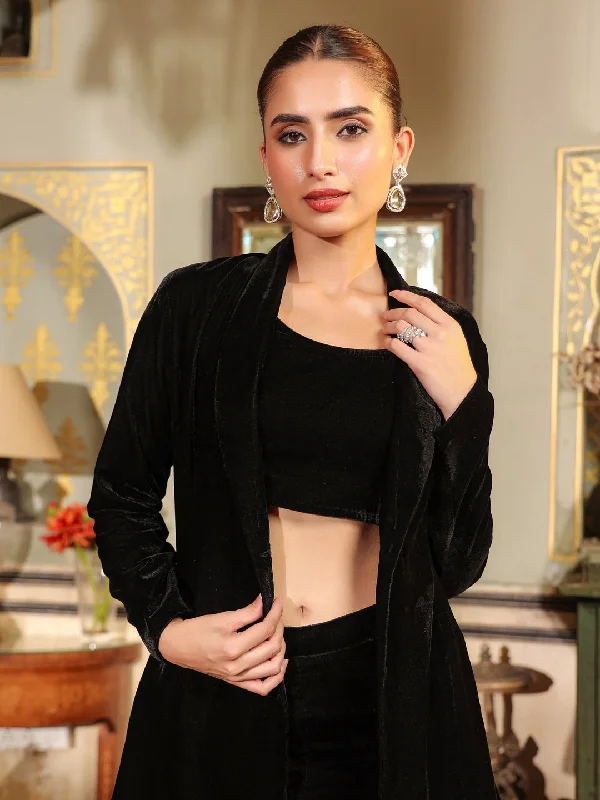 Janasya Black Velvet Solid Top,Bottom & Jacket Hooded Jacket Caped Jacket Shawl Collar Jacket Janasya Black Velvet Solid Top,Bottom & Jacket Hooded Jacket Caped Jacket Shawl Collar Jacket
