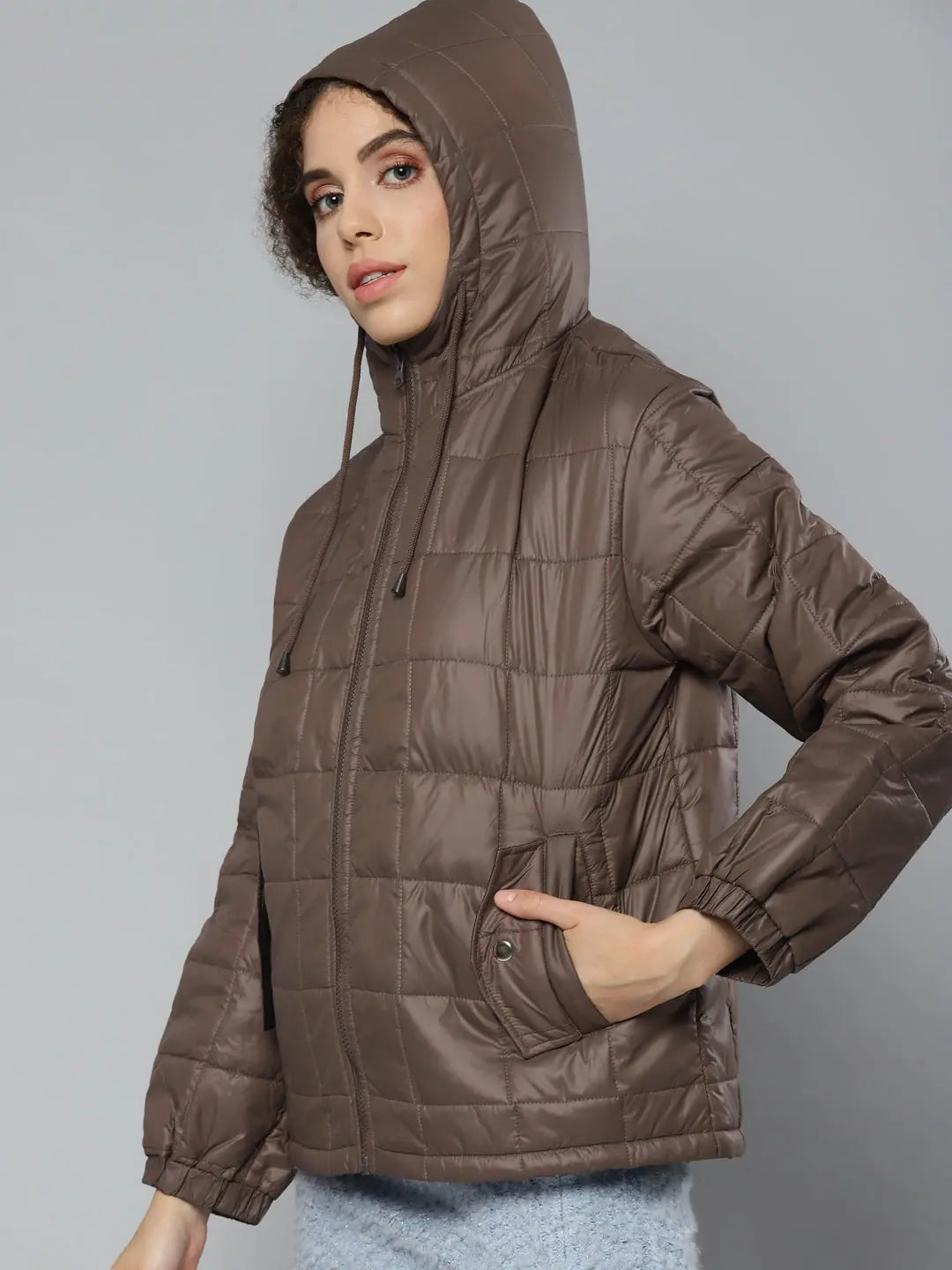 Women Solid Brown Full Sleeve Jacket Cotton Fabric Linen Fabric Terry Fabric