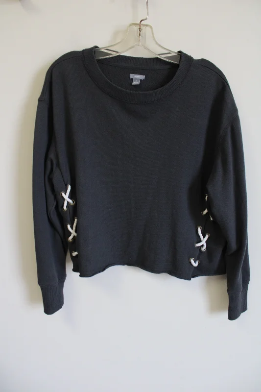 Aerie Charcoal Gray Sweatshirt | S Hoodie with Hem Lace Feminine Delicate