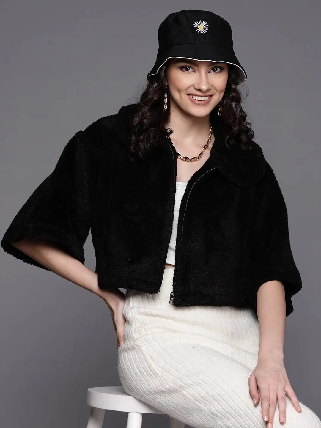 Women Solid Black Half Sleeve Jacket Zippered Jacket Buttoned Jacket Snapped Jacket