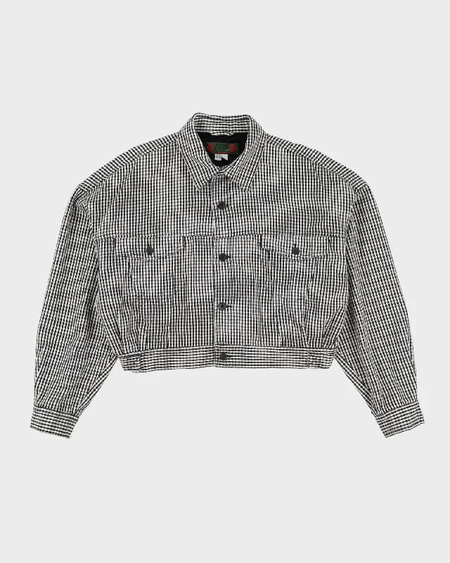 1990s Black And White Checked Bomber Style Jacket - L Zip Front Button Front Snap Front 1990s Black And White Checked Bomber Style Jacket - L Zip Front Button Front Snap Front