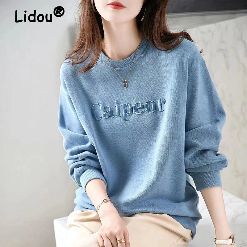 Women Simple Casual Streetwear Letter Embroidery Loose Sweatshirts Autumn Winter Trendy Solid Long Sleeve Fleece Pullover Tops Hoodie with Hem Lace Feminine Delicate Women Simple Casual Streetwear Letter Embroidery Loose Sweatshirts Autumn Winter Trendy Solid Long Sleeve Fleece Pullover Tops Hoodie with Hem Lace Feminine Delicate