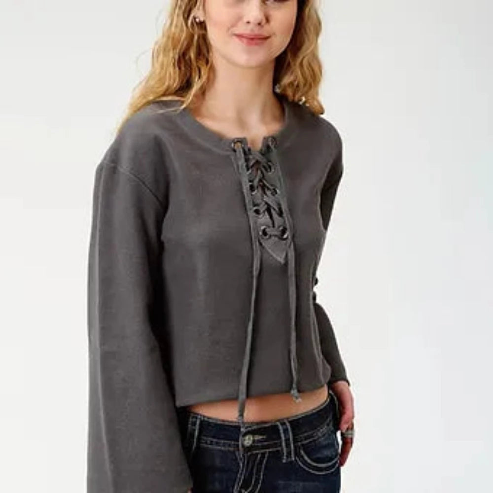 Roper Women's Grey French Terry Sweatshirt Hoodie with Rolled Sleeves Casual Relaxed Roper Women's Grey French Terry Sweatshirt Hoodie with Rolled Sleeves Casual Relaxed