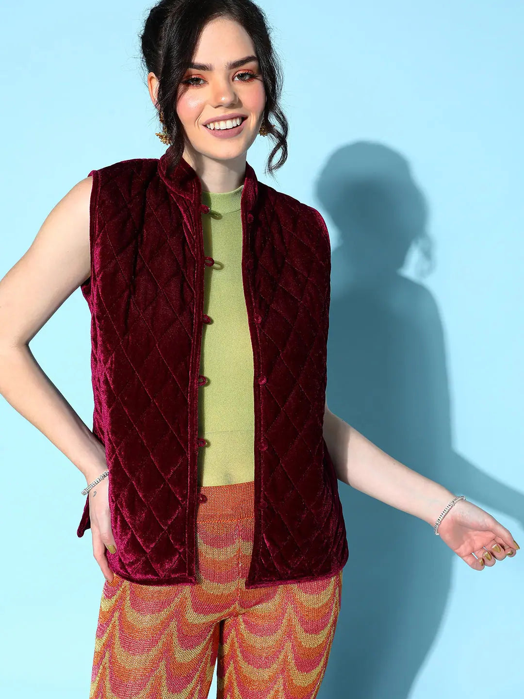 Women Solid Standard Burgundy Sleeveless Jacket Jersey Jacket Tulle Jacket Batik Jacket Women Solid Standard Burgundy Sleeveless Jacket Jersey Jacket Tulle Jacket Batik Jacket