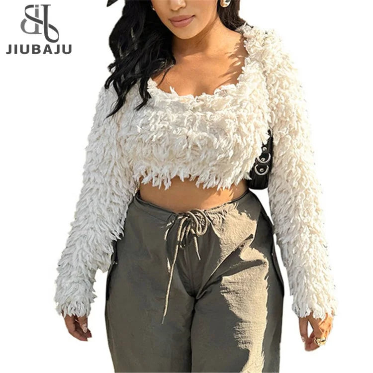 Faux Fur T-shirt Women Long Sleeve Square Collar Fashion Slim Plush Crop Top Sexy Pullover Tees Boat Neck Sweater