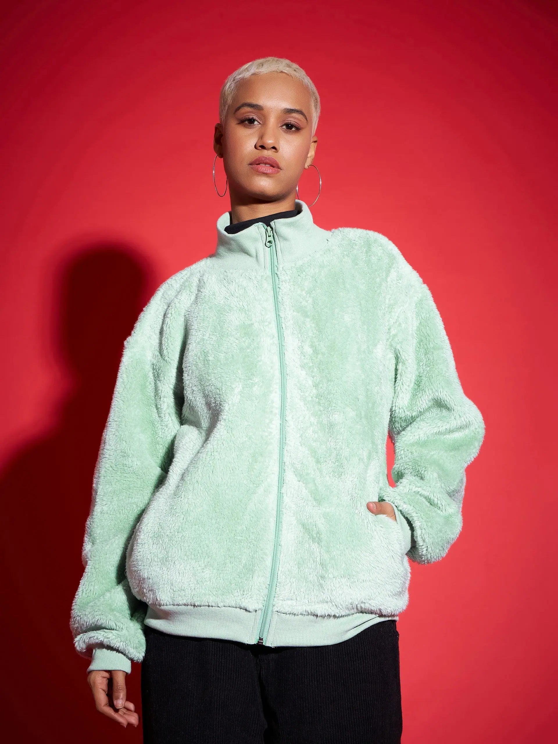 Women Solid Standard Green High Neck Full Sleeve Jacket Wool Fabric Cashmere Fabric Tweed Fabric Women Solid Standard Green High Neck Full Sleeve Jacket Wool Fabric Cashmere Fabric Tweed Fabric