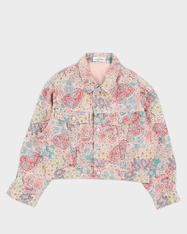 Vintage 90s Guess Cropped Floral Denim Jacket - M Cotton Fabric Linen Fabric Terry Fabric