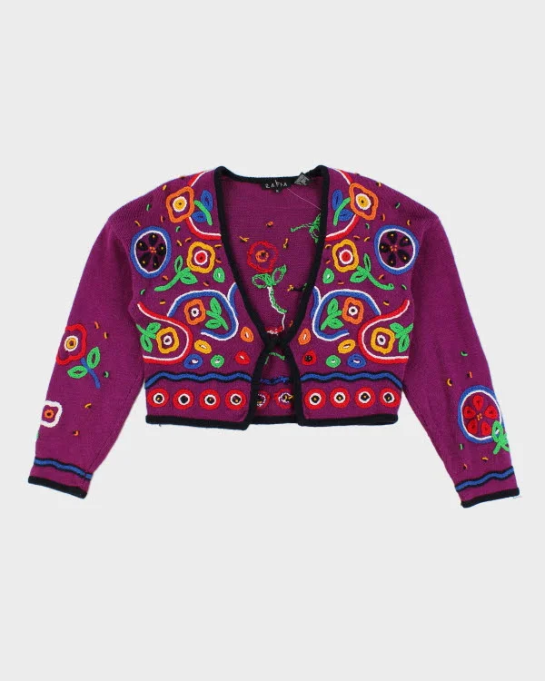 Vintage 90s Rafia Cropped Textured Embroidered Patterned Floral Cardigan - M Velvet Chenille Corduroy Vintage 90s Rafia Cropped Textured Embroidered Patterned Floral Cardigan - M Velvet Chenille Corduroy