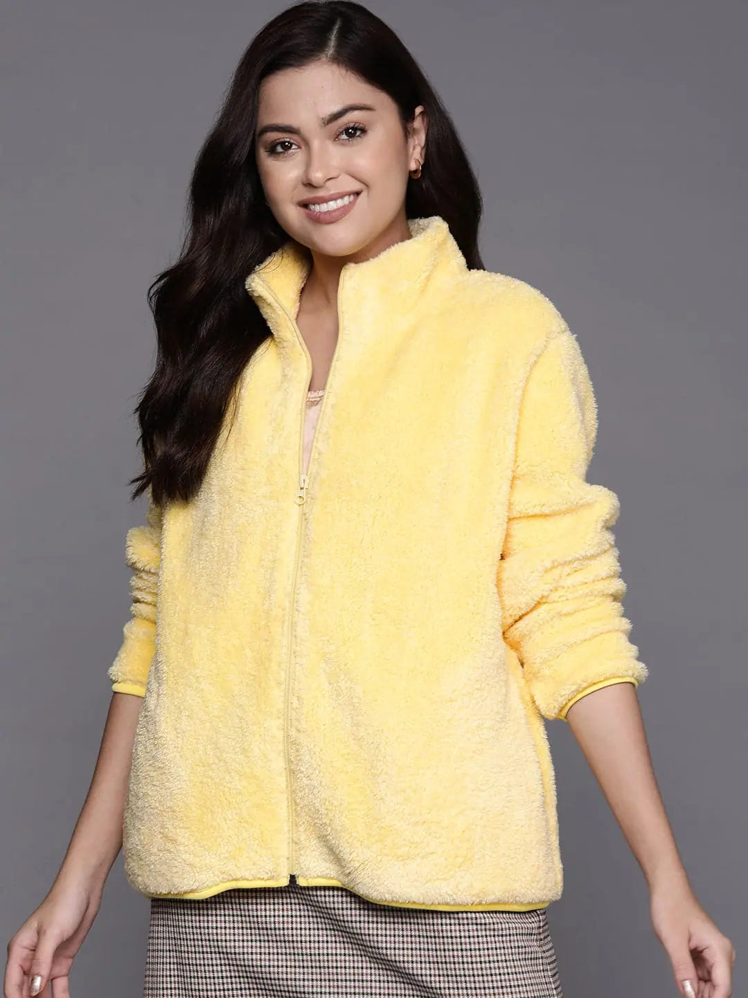 Women Solid Yellow Full Sleeve Jacket Stand-Up Collar Roll-Neck Collar Turtle Neck