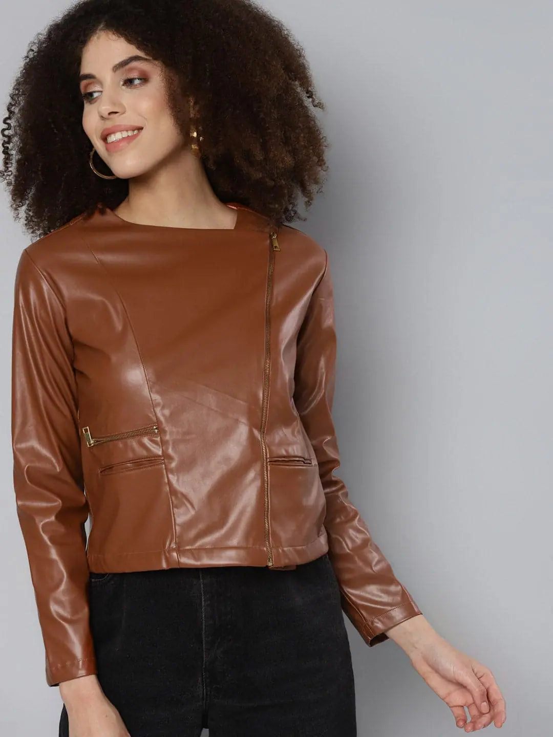 Women Solid Brown Round Neck Full Sleeve Jacket Welt Pockets Slit Pockets Flap Pockets Women Solid Brown Round Neck Full Sleeve Jacket Welt Pockets Slit Pockets Flap Pockets