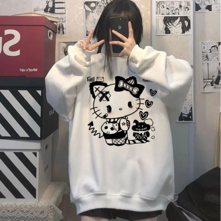 Y2K Autumn Cartoon Hello Kitty Print Oversized Harajuku Kawaii Style White Sweatshirt For Women's Clothing Fashion Hoodie with Hem Fringe Bohemian Relaxed Y2K Autumn Cartoon Hello Kitty Print Oversized Harajuku Kawaii Style White Sweatshirt For Women's Clothing Fashion Hoodie with Hem Fringe Bohemian Relaxed