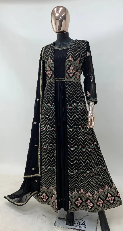 Lorenvalley Fashion Black Faux Georgette Embroidery Work Gown Jacket Stitched Mesh Jacket Canvas Jacket Denim Jacket Lorenvalley Fashion Black Faux Georgette Embroidery Work Gown Jacket Stitched Mesh Jacket Canvas Jacket Denim Jacket