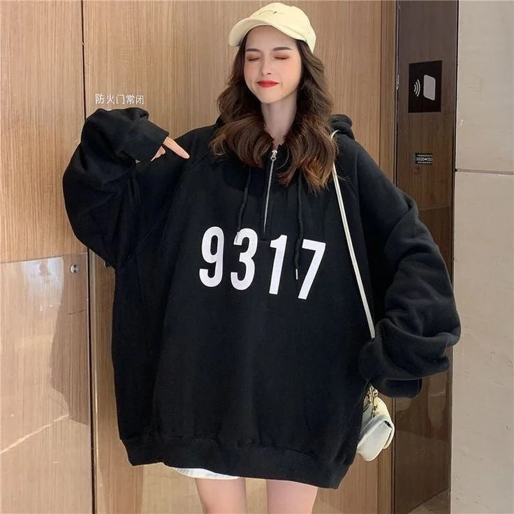 Korean Kawaii Style Oversized Half Zip Pullover Hooded Sweatshirt For Women Hoodie with Typography Text Message Korean Kawaii Style Oversized Half Zip Pullover Hooded Sweatshirt For Women Hoodie with Typography Text Message