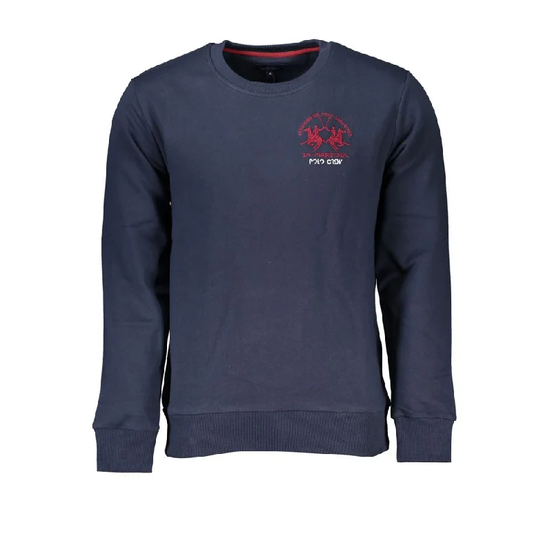 Chic Blue Crew Neck Embroidered Sweatshirt Hoodie with Ribbed Neckline Snug Warm