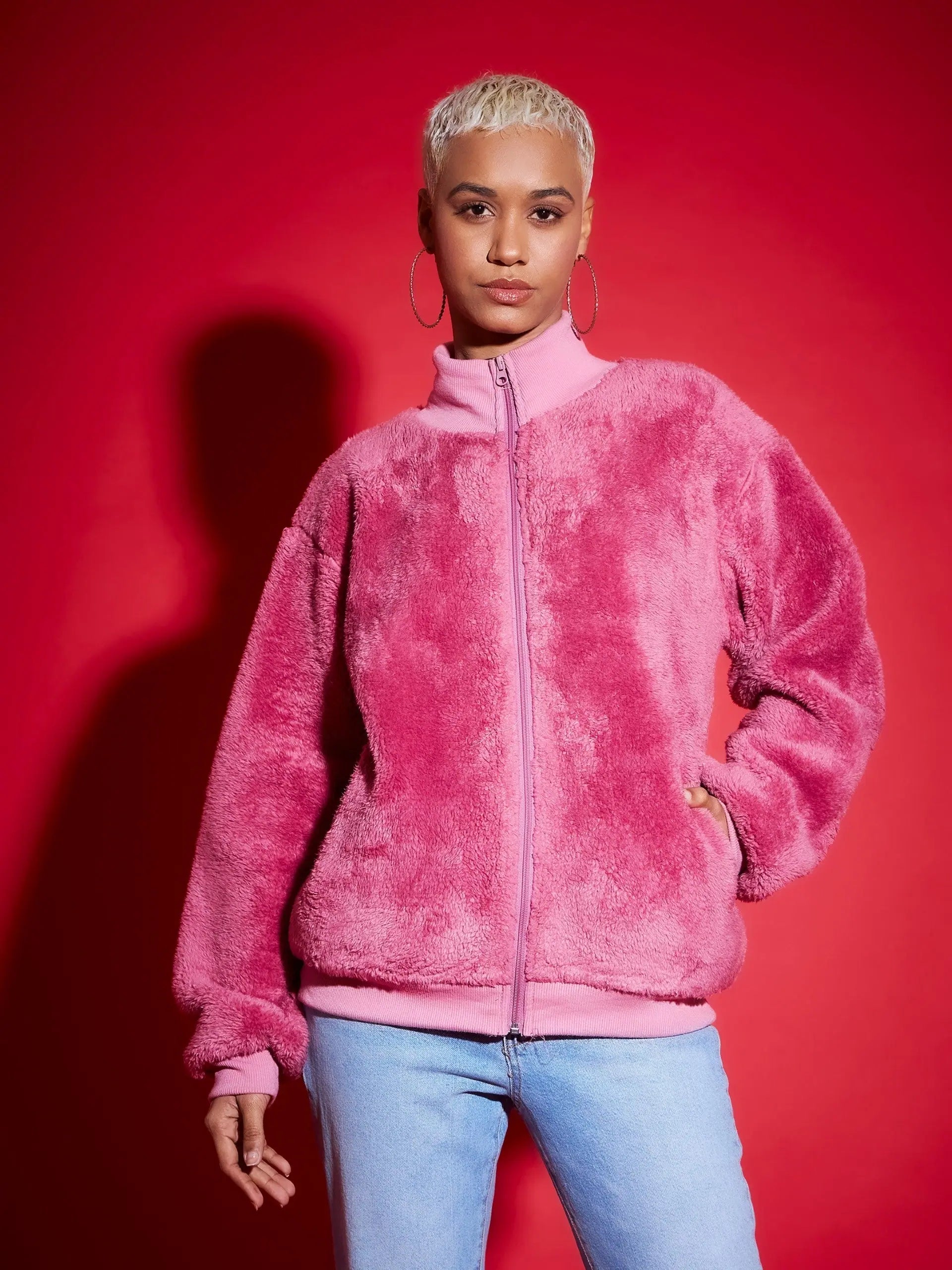 Women Solid Standard Pink High Neck Full Sleeve Jacket Satin Fabric Silk Fabric Chiffon Fabric Women Solid Standard Pink High Neck Full Sleeve Jacket Satin Fabric Silk Fabric Chiffon Fabric