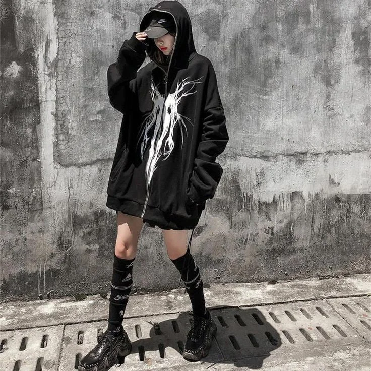 Aesthetic Gothic Ghost Printed Harajuku Style Full Zip Up Hoodie Zipper For Women Hoodie with Zipper Versatile Modern Aesthetic Gothic Ghost Printed Harajuku Style Full Zip Up Hoodie Zipper For Women Hoodie with Zipper Versatile Modern